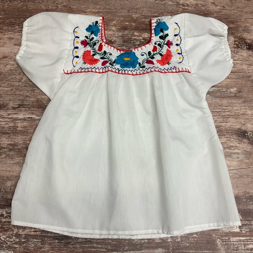 Embroidered White Peasant Blouse Multicolor Floral Yoke Spring Flowers Boho